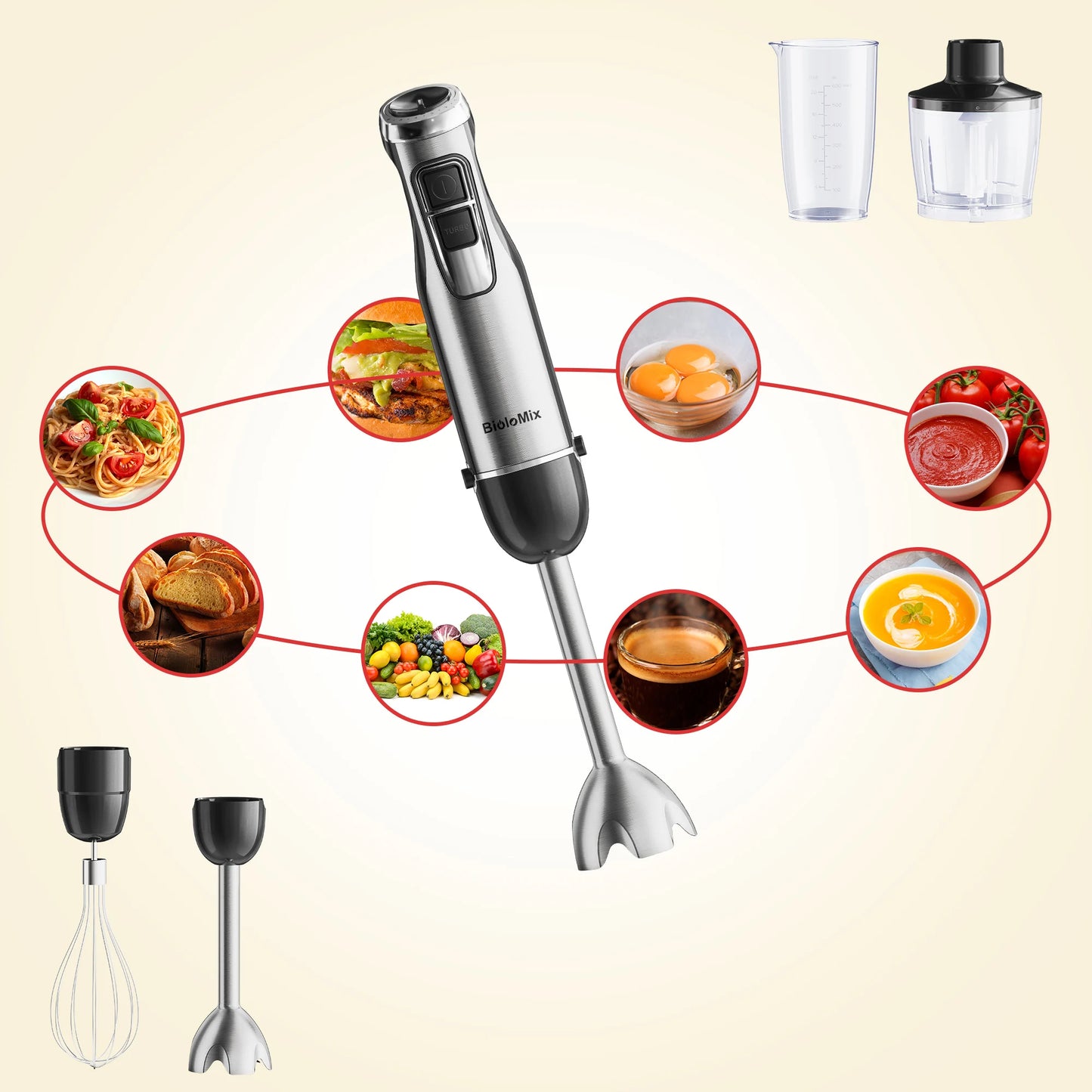 BioloMix 4 in 1 High Power 1200W Immersion Hand Stick Blender Mixer Includes Chopper and Smoothie Cup Stainless Steel Ice Blades