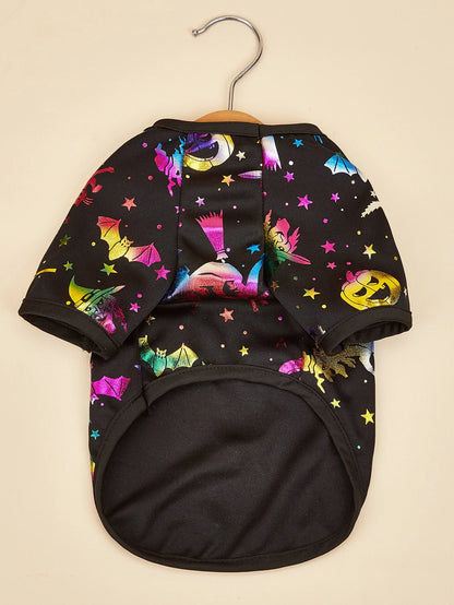 Halloween Pet T-Shirt, Black Short - Sleeve with Colorful Glittery Bats & Pumpkins & Stars Print Pet Clothes for Small Dogs Cats