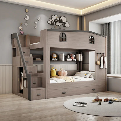 Bunk bed kids with Drawer storage loft double bed Climbing stairs full frames Queen Wooden literas de 2 camas bedroom furniture