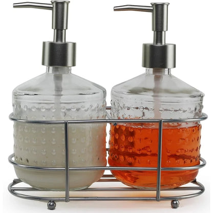 Metal Caddy Dispenser Bottle Pumps Set of 2 Stylish Glass Bathroom Accessories