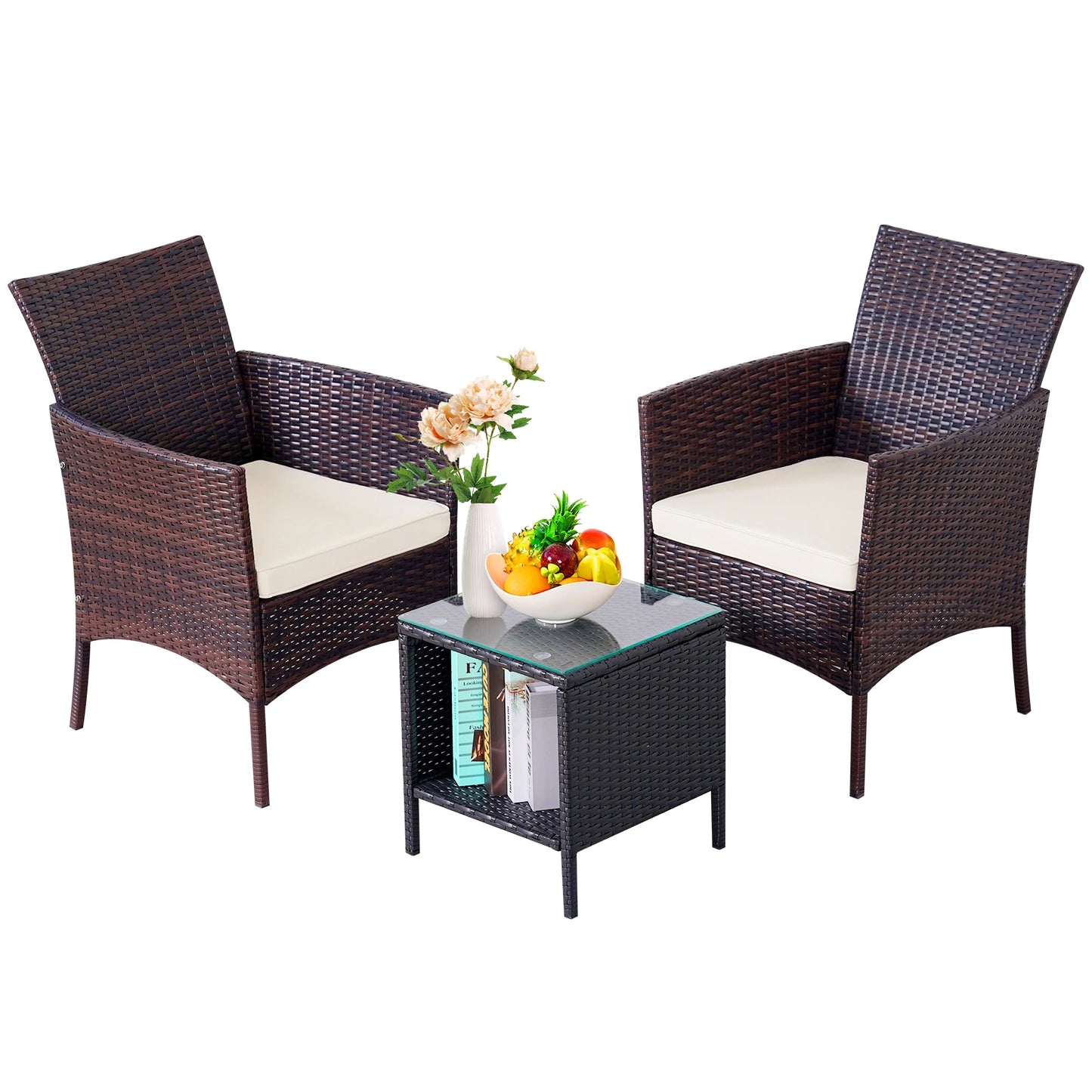 3-Piece Bistro Set Outdoor Patio Furniture Rattan Chairs Table Soft Cmats Tempered Glass Durable Comfortable Garden
