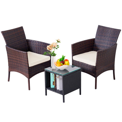 3-Piece Bistro Set Outdoor Patio Furniture Rattan Chairs Table Soft Cmats Tempered Glass Durable Comfortable Garden