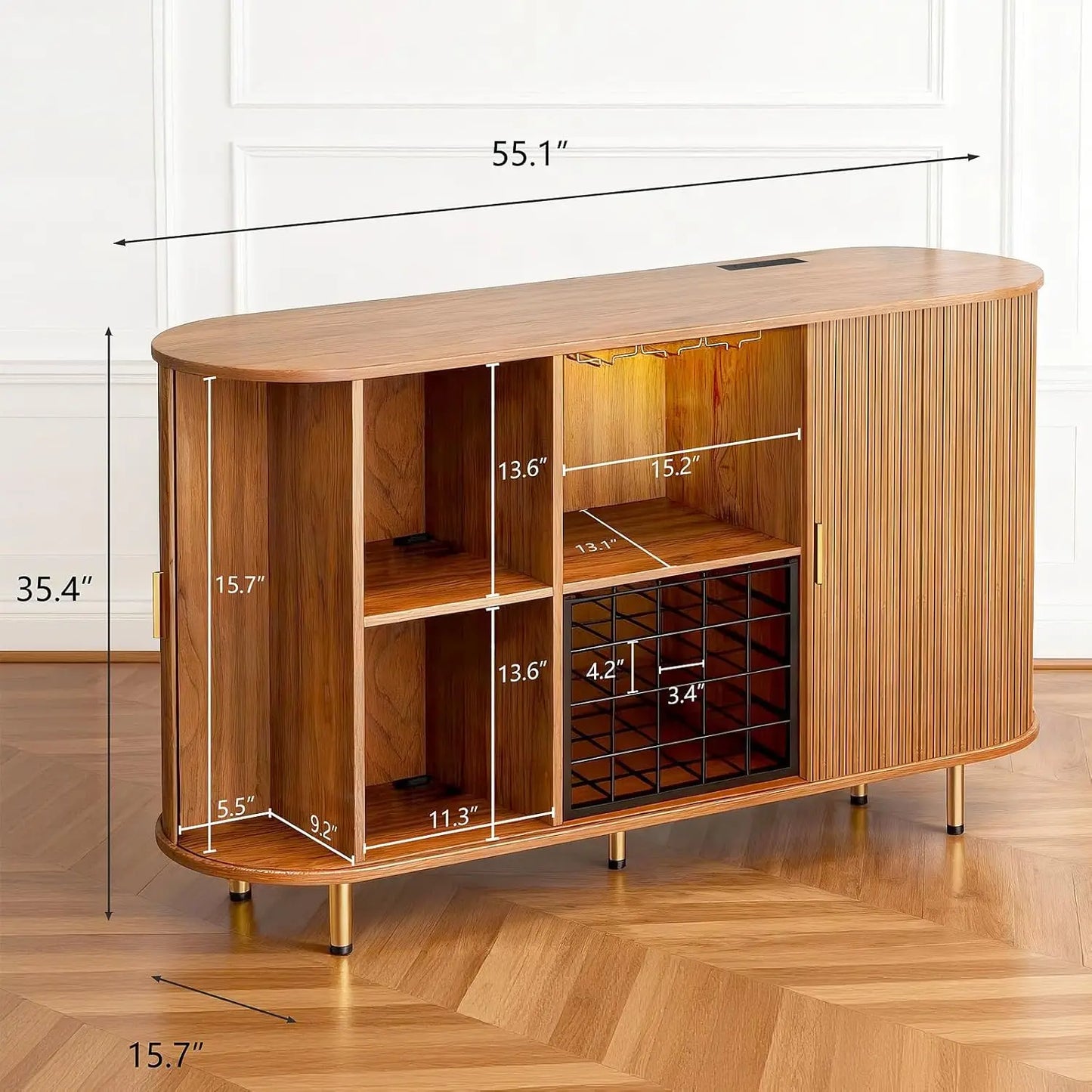 55-Inch Modern Wine Bar Cabinet with Storage, LED Lights, USB Ports & Adjustable Shelves for Living Room