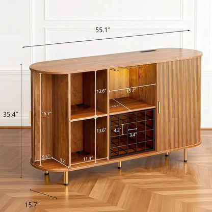 55-Inch Modern Wine Bar Cabinet with Storage, LED Lights, USB Ports & Adjustable Shelves for Living Room