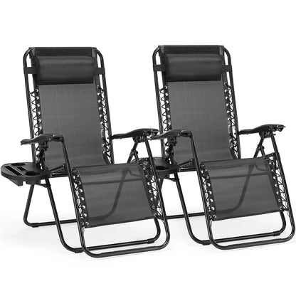 Zero Gravity Set of 2 Portable Recliner Camping Patio Outdoor Garden Lounge Chair with Cup Holder Trays Adjustable Pillow