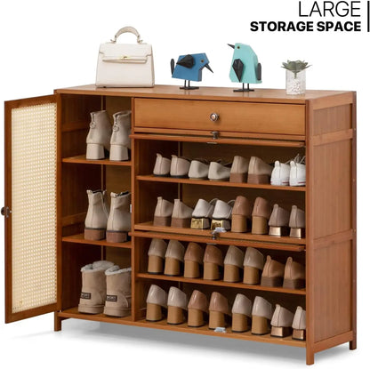 Rattan Shoe Cabinet Double Layer Shoe Shelf Boho Vibe Storage Cabinet with Doors Freestanding