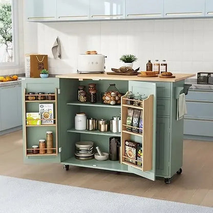 Sage Green Kitchen Island with Storage and Drop-Leaf Countertop on Wheels