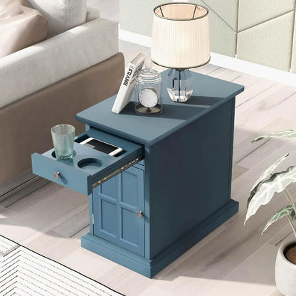 Multifunctional Classic Vintage End Table with USB Ports and 1 Drawer with Cup Holders