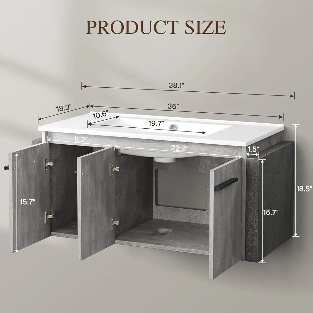36 Inch Floating Vanity Bathroom with Sink Combo, Grey Wall Mounted Modern Vanity, Bathroom Cabinet Vanity with Soft-Closing Thr