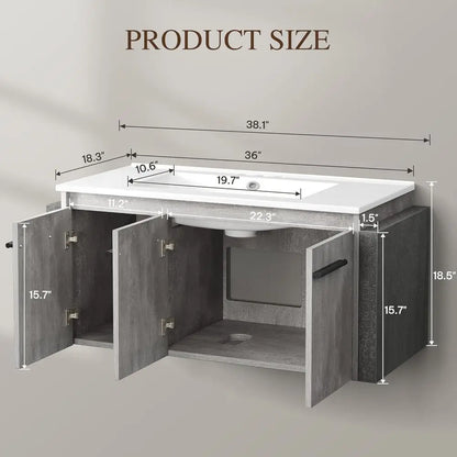 36 Inch Floating Vanity Bathroom with Sink Combo, Grey Wall Mounted Modern Vanity, Bathroom Cabinet Vanity with Soft-Closing Thr