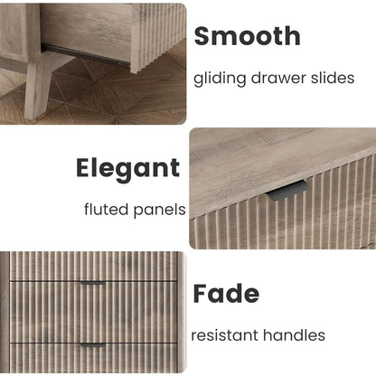 Night Stand Set 2,Mid Century Modern Fluted Wood Nightstand with Drawers & Metal Handles, Farmhouse Nightstand for Bedroom