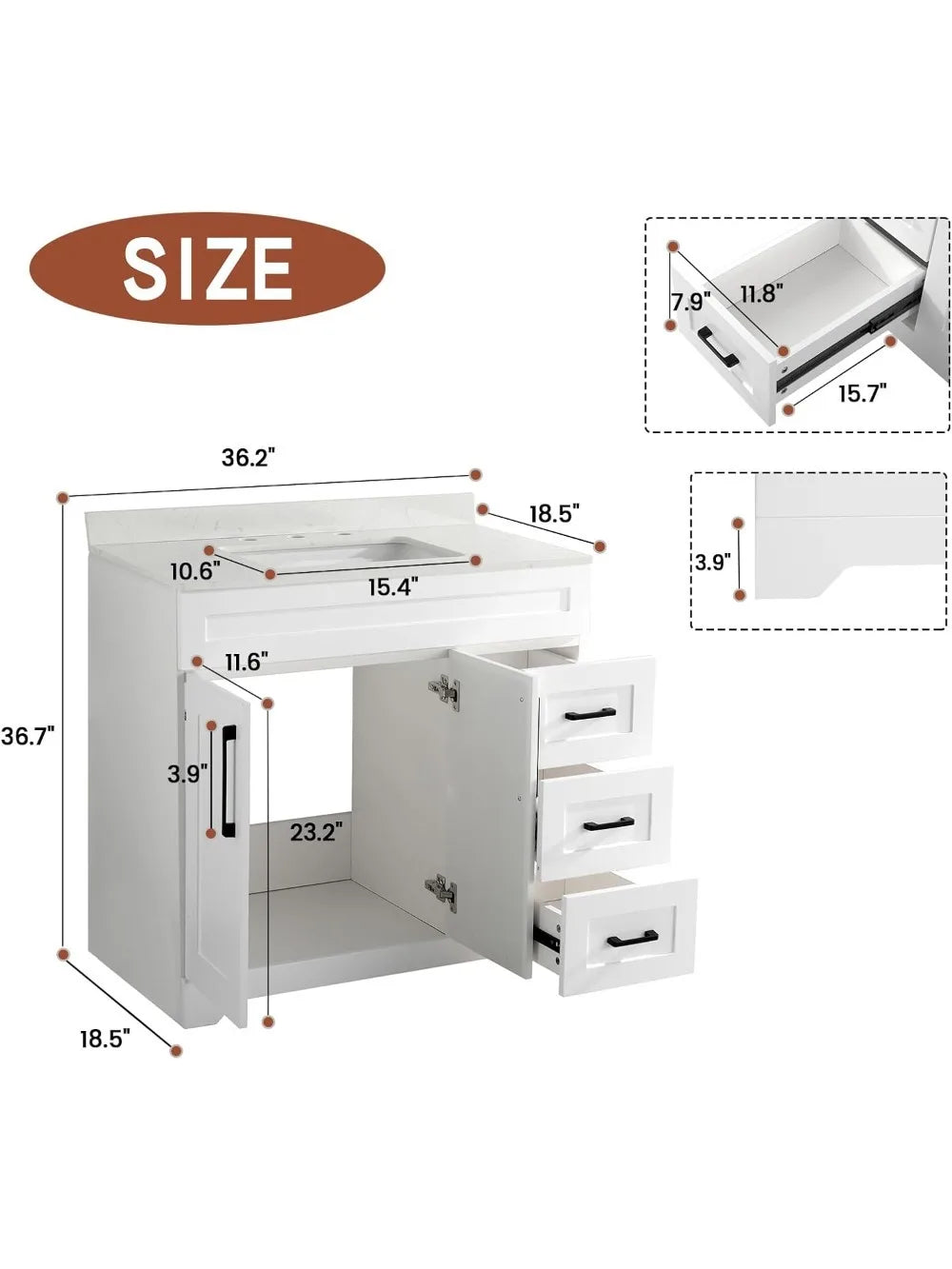 36" Luxurious Bathroom Vanity with White Stone Countertop and Rectangle Sink and Back Splash,2 Soft Closing Doors & 3 Full