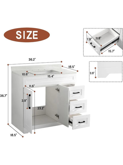36" Luxurious Bathroom Vanity with White Stone Countertop and Rectangle Sink and Back Splash,2 Soft Closing Doors & 3 Full