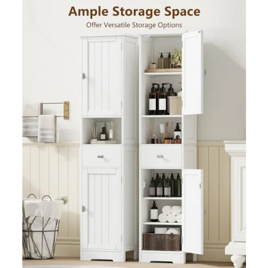Tall Bathroom Storage Cabinet with 2 Doors 67" H Narrow Floor Cabinet with Adjustable Shelves and Drawer Anti-Tip Design 11.8 x