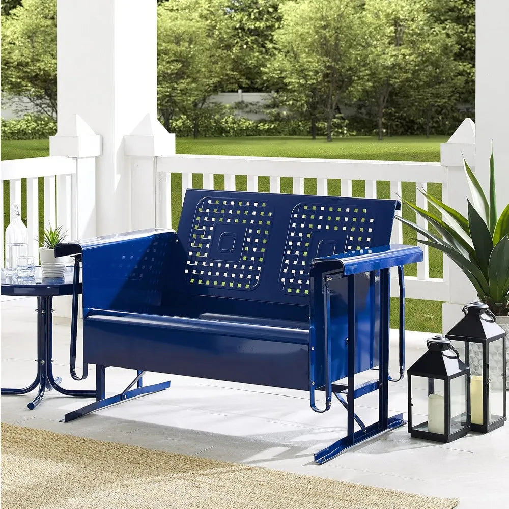 Retro Metal Outdoor Loveseat Glider, 2-Person Rocking Patio Bench for Porch, Deck, Navy Gloss