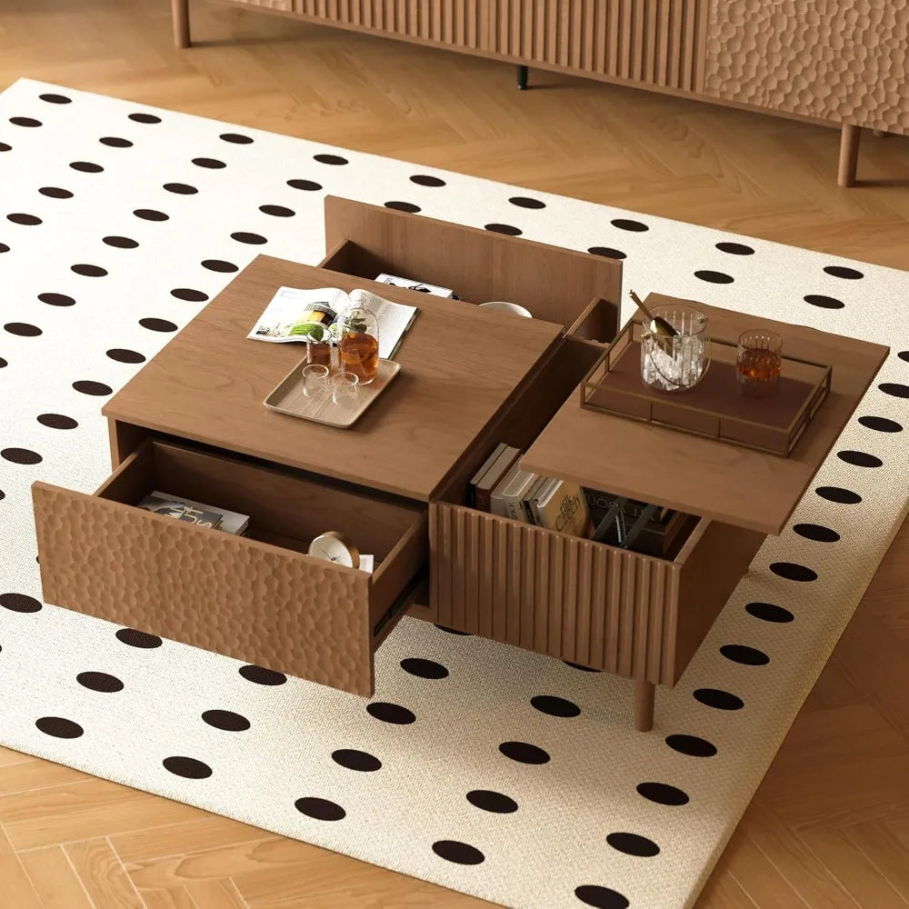 Mid-Century Modern Walnut Rectangular Coffee Table with Lift Top Storage and Drawers