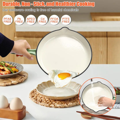 Nonstick Enameled Cast Iron Cookware Set,7 Pcs Pots and Pans with Lid, Frying Pan Skillet, Sauce Pan, Healthy Round Dutch Oven P