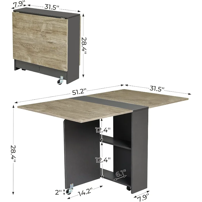 Folding Drop Leaf Dining Table with 6 Wheels and 2-Layer Storage Shelf, Space Saving Table for Small Spaces, Chestnut