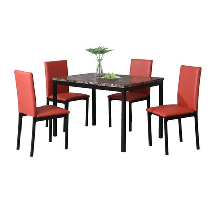5-Pc Metal Dinette Set with Laminated Faux Marble Top, Red Finish