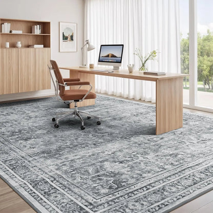 8x10 Washable Area Rug with Non-Slip Backing, Soft Grey Floral Carpet for Living Room Bedroom Dining Office Nursery
