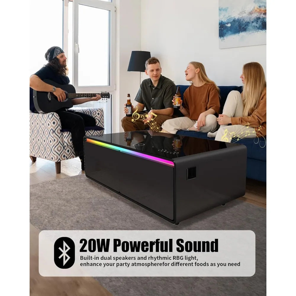 Smart Coffee Table, 27.7" D x 51" W x 18.1" H,Living Room Table with Built in Fridge and Speakers,Smart Table with 15W Wireless