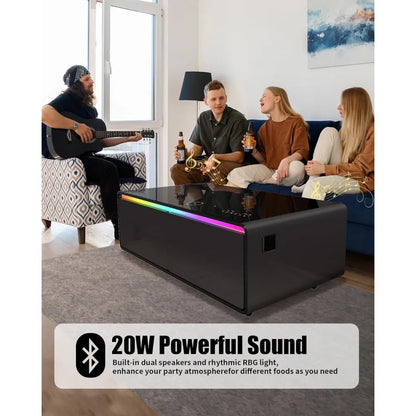 Smart Coffee Table, 27.7" D x 51" W x 18.1" H,Living Room Table with Built in Fridge and Speakers,Smart Table with 15W Wireless