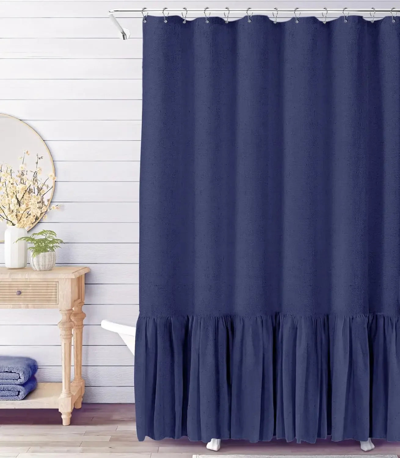Cotton Linen Plain Shower Curtain with 12 Hooks Waterproof Floral Falbala Ruffle Edge Frill Scalloped Hem Decor Bathroom