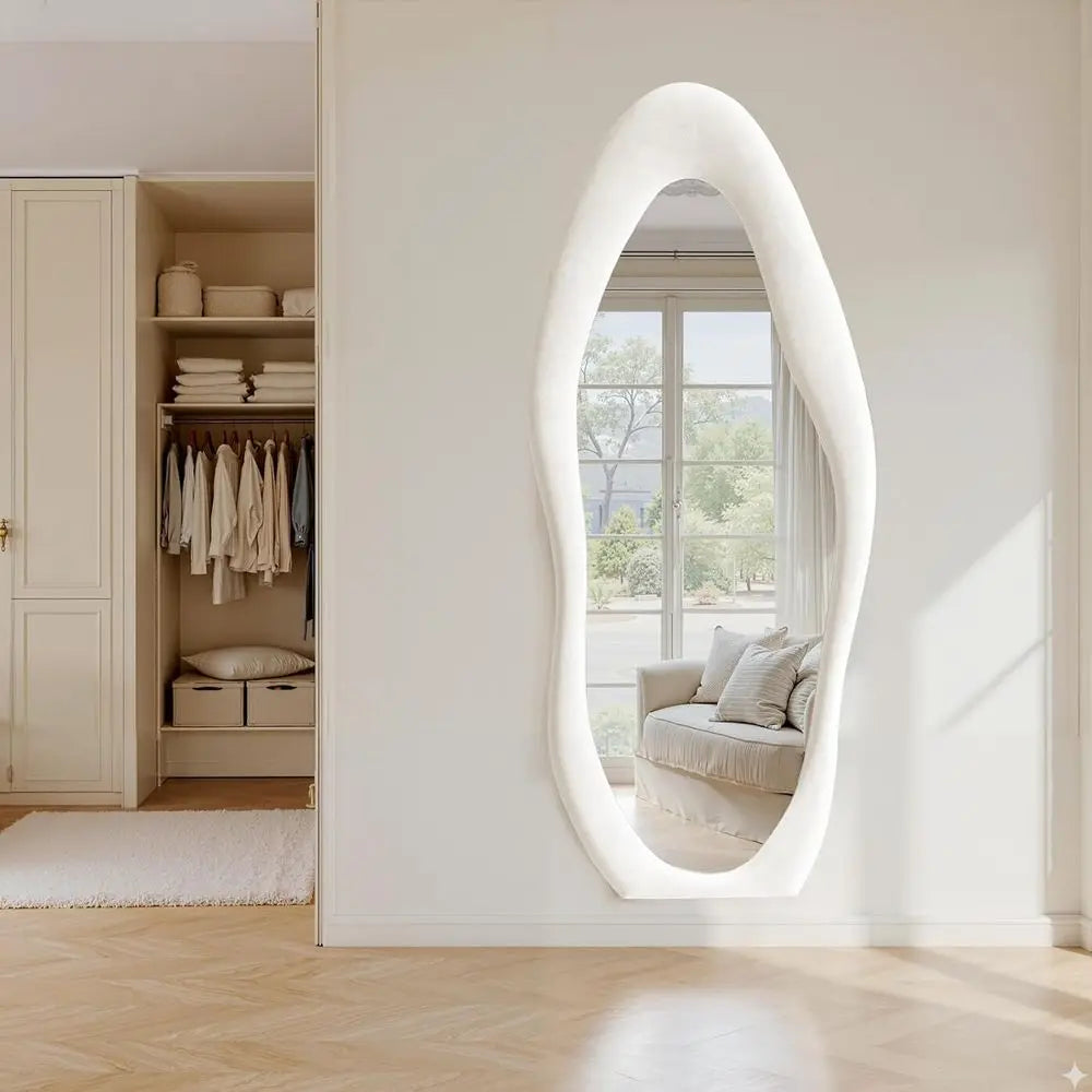 Full Length Mirror 71"x30" Irregular Full Body Wall Mounted Floor Mirror Without Stand Ivory Flannel Wrapped Frame Leaning Hangi