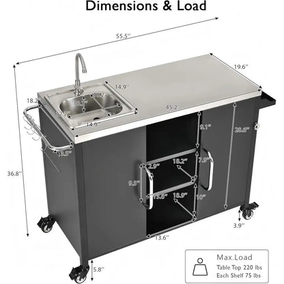 55.5" Outdoor Kitchen Island, Metal Grill Cart Table with 304 StainlSteel Sink, Outdoor Bar Cart Sink Station with 4 Lockable Wh