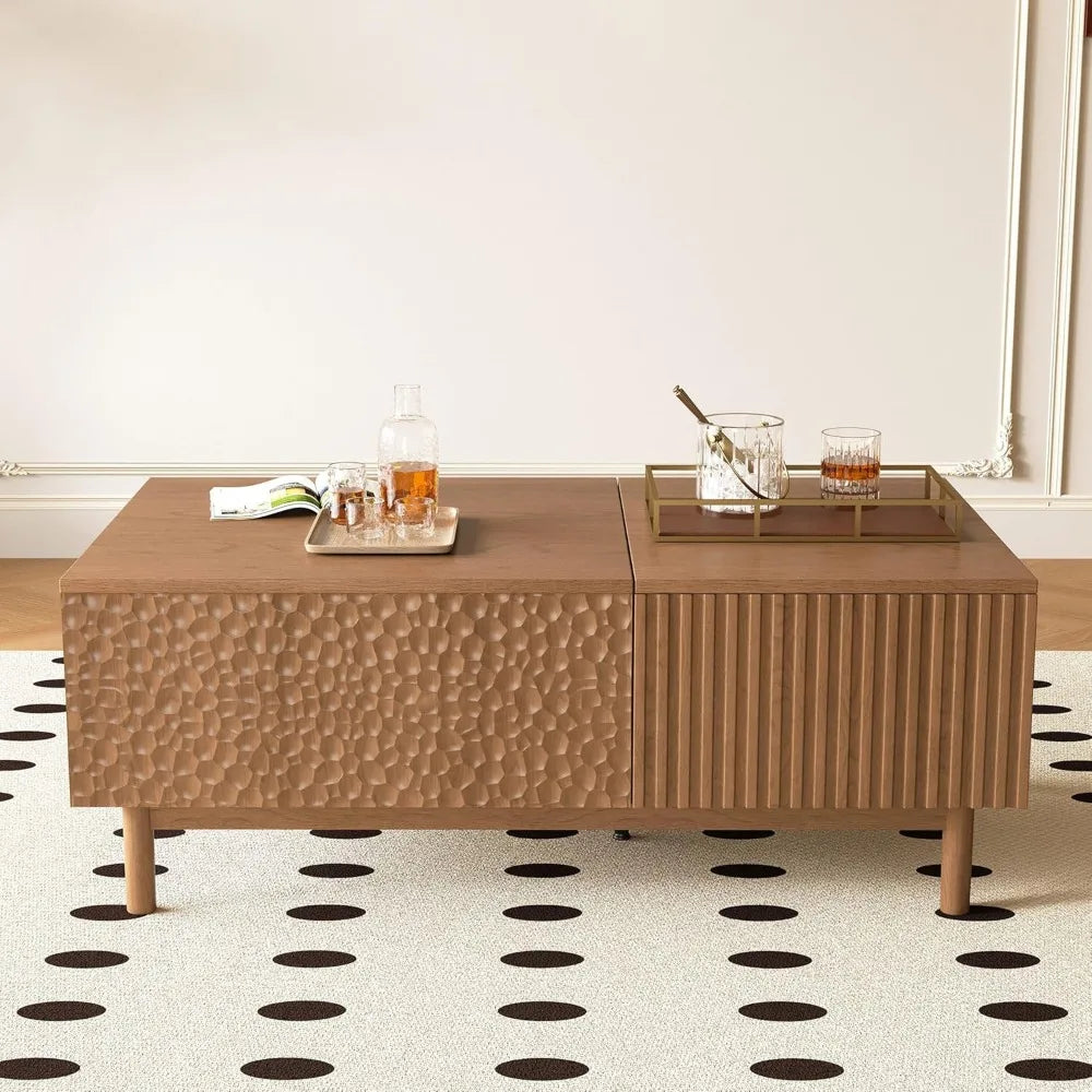 Mid-Century Modern Walnut Rectangular Coffee Table with Lift Top Storage and Drawers