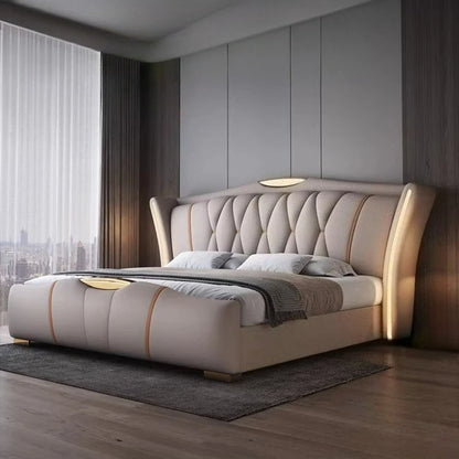 Leather bed with light modern minimalist lit 150x200 180x200 200x220 cm Double bed 2 people bedroom beds frames Furniture