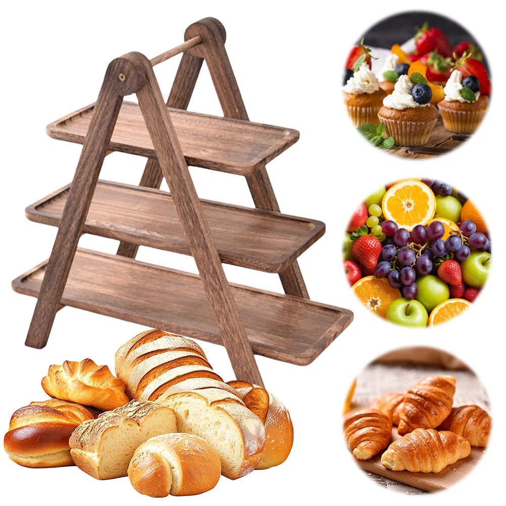 Wooden Serving Platter 3 Tier Serving Tray Multi-Function Rectangular Serving Stand Foldable Food Serving Rack serving rack