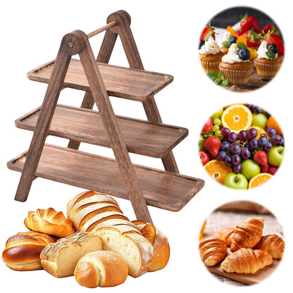 Wooden Serving Platter 3 Tier Serving Tray Multi-Function Rectangular Serving Stand Foldable Food Serving Rack serving rack