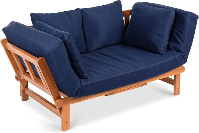 Outdoor Convertible Acacia Wood Futon Sofa Furniture for Patio, Balcony, Poolside, Backyard w/Pullout Tray, Removable Weather-R