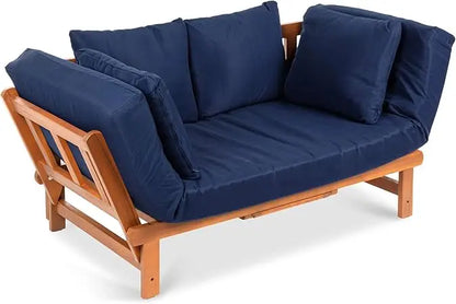 Outdoor Convertible Acacia Wood Futon Sofa Furniture for Patio, Balcony, Poolside, Backyard w/Pullout Tray, Removable Weather-R