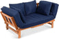 Outdoor Convertible Acacia Wood Futon Sofa Furniture for Patio, Balcony, Poolside, Backyard w/Pullout Tray, Removable Weather-R