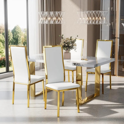 Modern Dining Chairs Set of 4 White Faux Leather with Chrome Gold Metal Legs, Curved High Back Design & Cloud Cushioning, Mid-Ce
