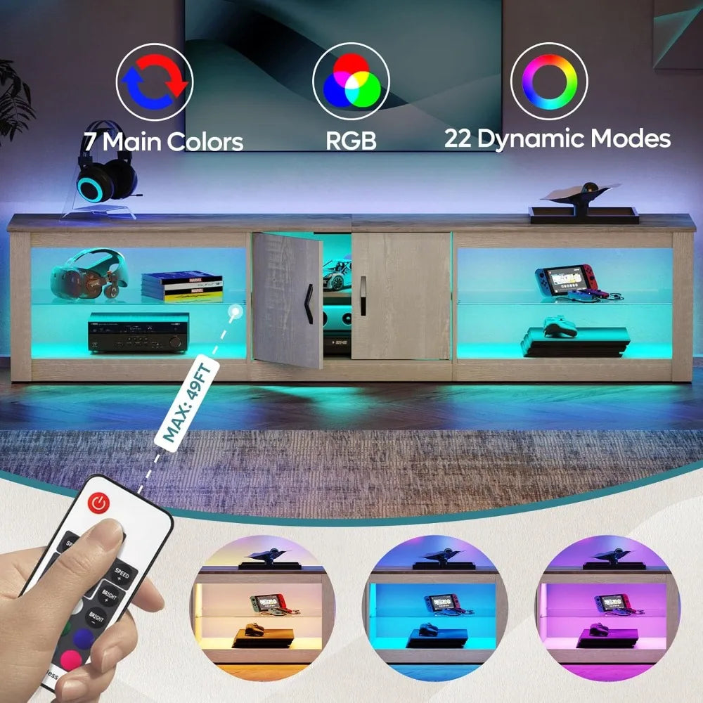 80 Inch TV Stand for 75/77/85/86 inch TVs, LED Gaming Entertainment Center for PS5 with Storage Cabinet &Adjustable Glas