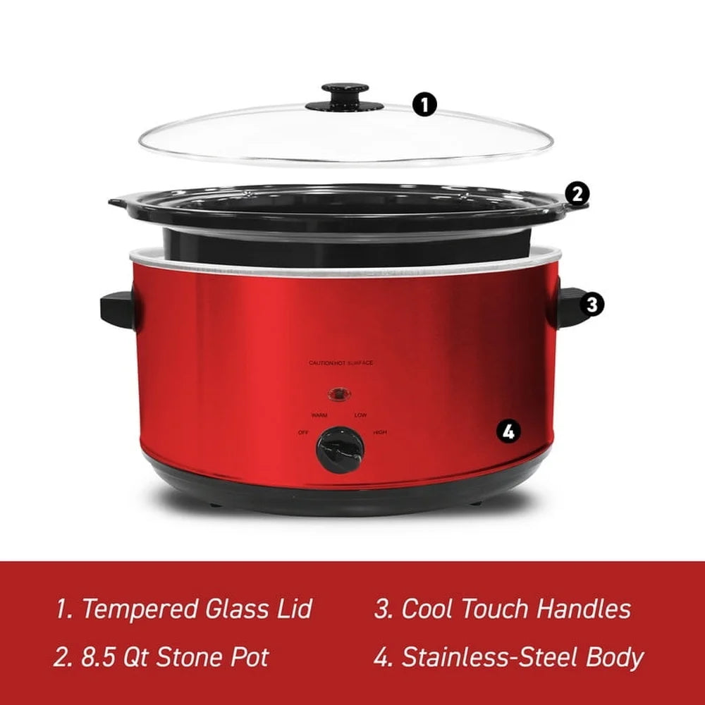 8.5Qt Stainless Steel Slow Cooker with Oval Stoneware Pot Tempered Glass Lid