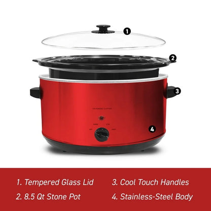 8.5Qt Stainless Steel Slow Cooker with Oval Stoneware Pot Tempered Glass Lid