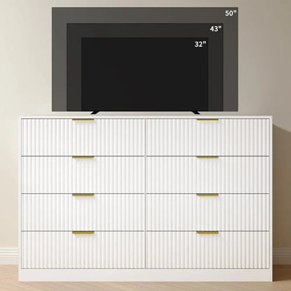 Fluted Dresser for Bedroom with 8 Drawer, 55” Wide White Double Drawer Dresser Modern Chest of Drawers with Metal Handle