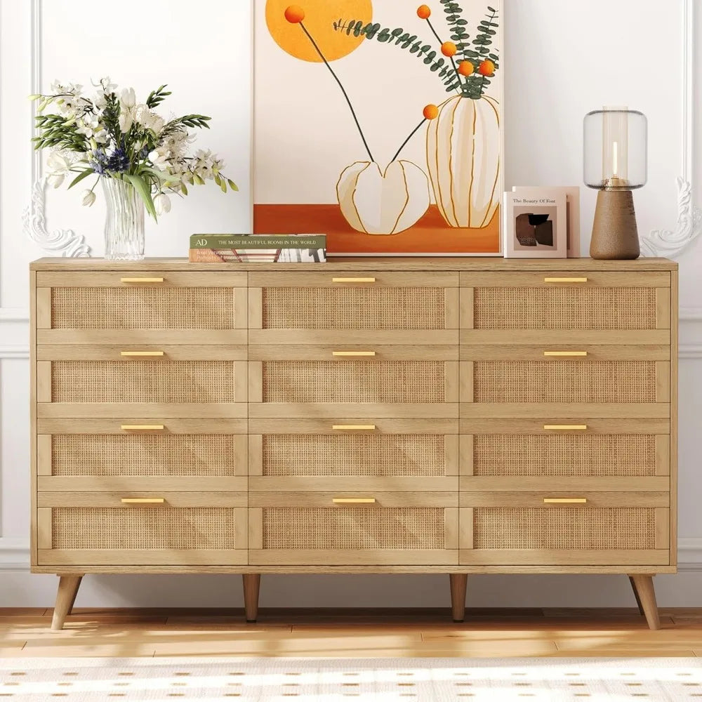 12 Drawer Double Dresser for Bedroom, Rattan Chest of Dressers, Modern Wooden Dresser Chest with Golden Handles