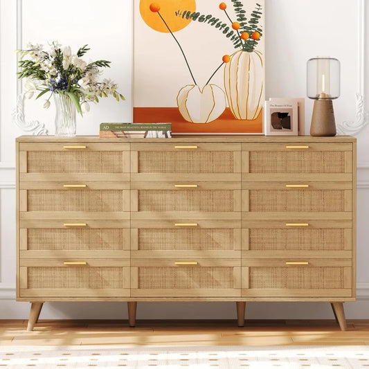 12 Drawer Double Dresser for Bedroom, Rattan Chest of Dressers, Modern Wooden Dresser Chest with Golden Handles