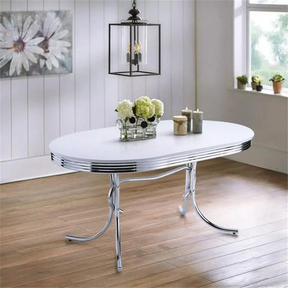 Modern Dining Table - 30" x 60", Chrome-Plated Metal Base, Oval Chrome Top in White Finish