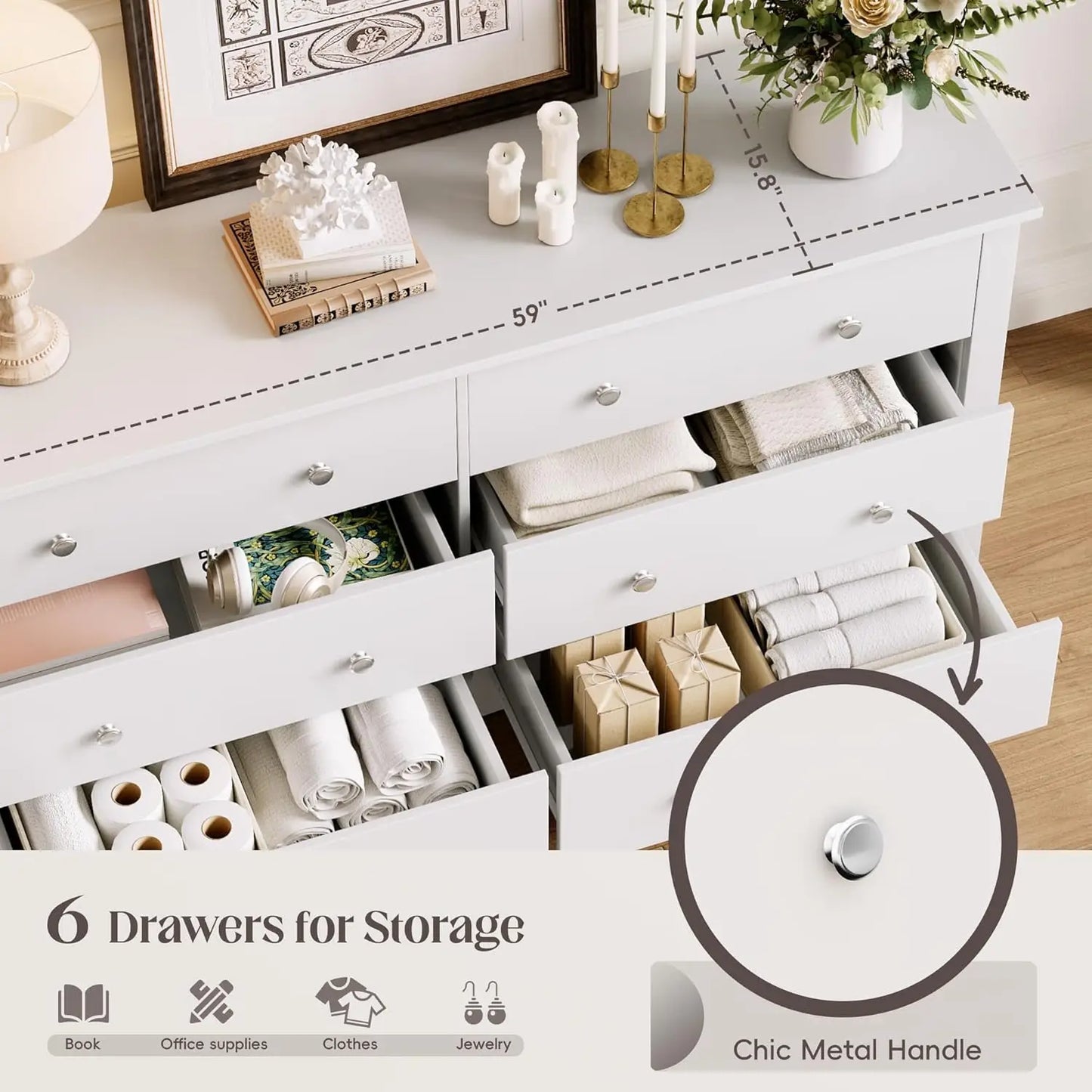 Dresser for Bedroom, 6 Wood Dresser Drawers, Wide Chest of Drawers, Storage Tower Unit Modern Design Bedroom Living Room