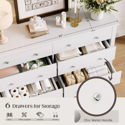 Dresser for Bedroom, 6 Wood Dresser Drawers, Wide Chest of Drawers, Storage Tower Unit Modern Design Bedroom Living Room
