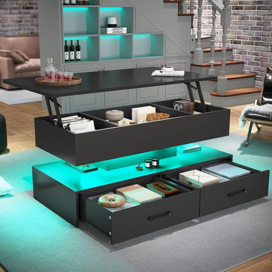 40" Lift Top Coffee Table with Storage ,2 Drawers & LED Light for Dining