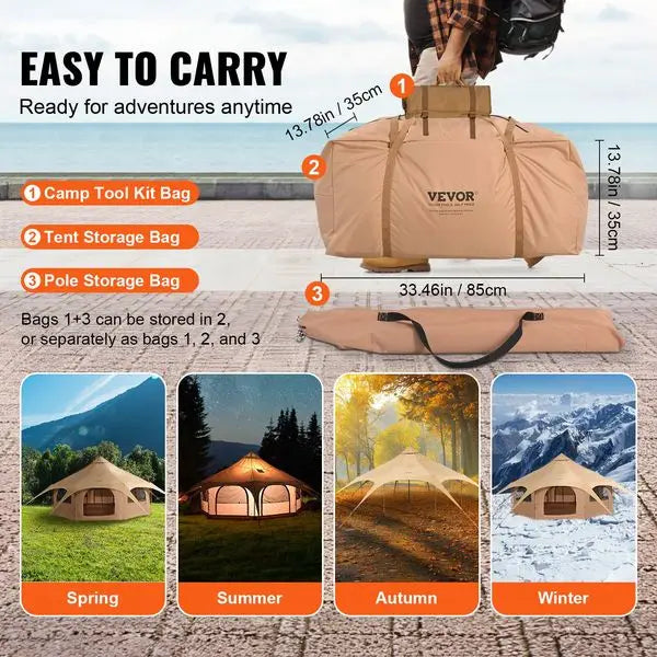 Canvas Tent, 4 Seasons 5 m/16.4 ft Bell Tent, Canvas Tent for Camping with Stove Jack, Breathable Yurt Tent for up to 8 Pe