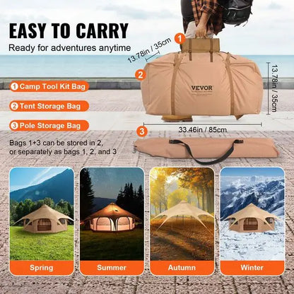 Canvas Tent, 4 Seasons 5 m/16.4 ft Bell Tent, Canvas Tent for Camping with Stove Jack, Breathable Yurt Tent for up to 8 Pe