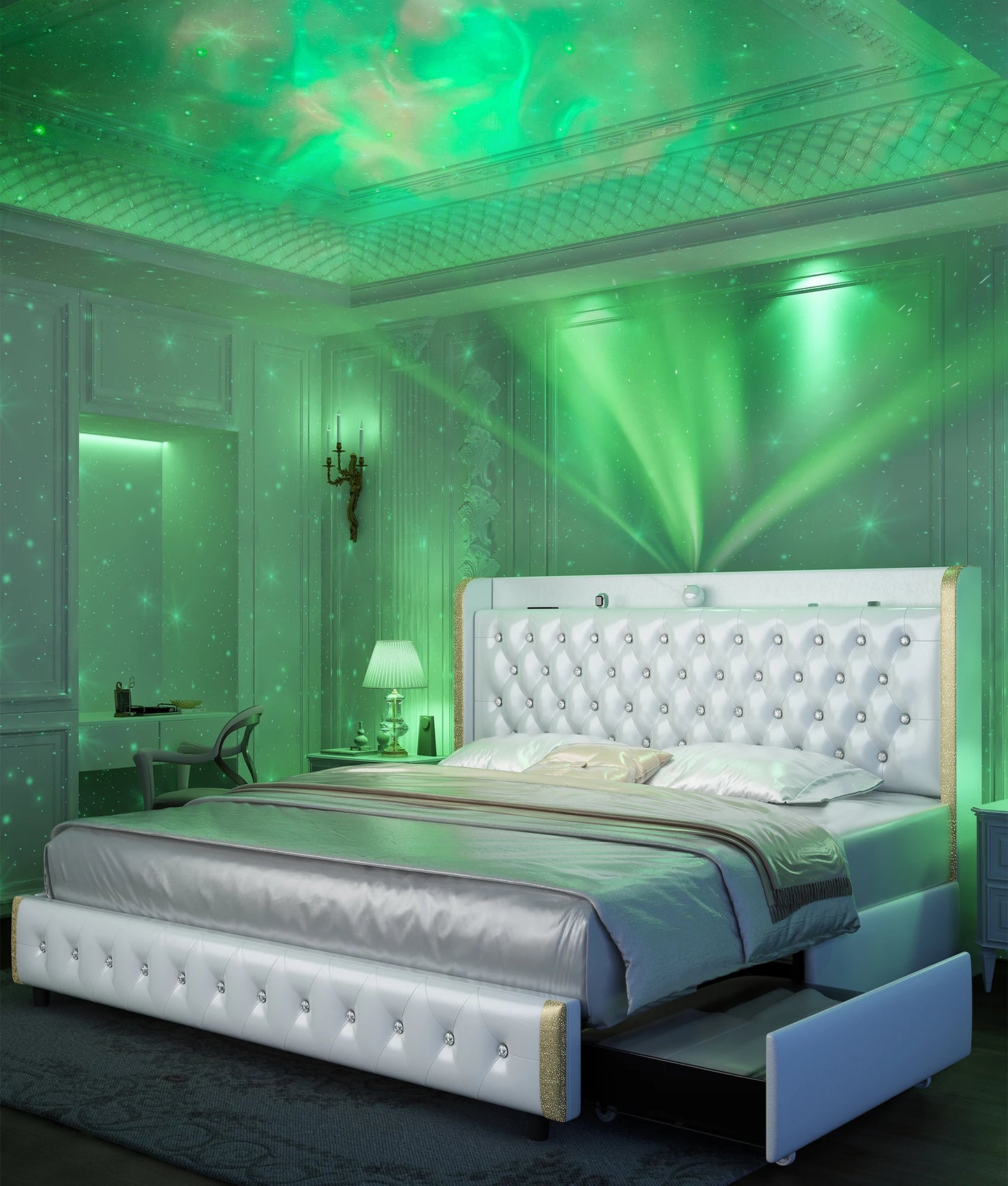 Queen LED Bed Frame with Galaxy Projector, Bluetooth Speaker, USB Ports, 4 Drawers, No Box Spring Needed